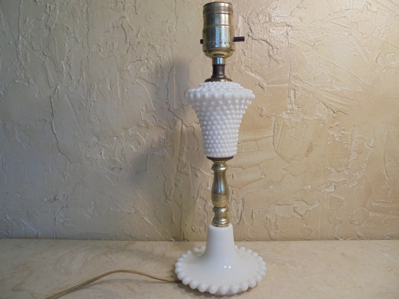 Vintage White Milk Glass Hobnail Pattern Brass Table Lamp In Working Order 1950 S Shabby Chic