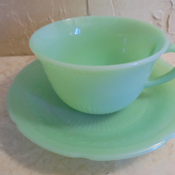 Vintage Anchor Hocking's Fire King Jadeite/Jadite Cup and Saucer Mint or Jade in color Alice Pattern 1930's Era