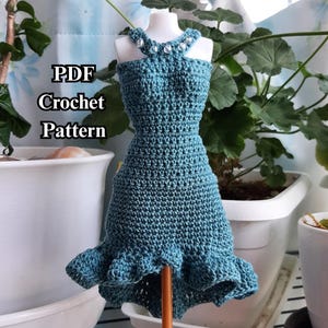 Crochet Fashion Doll Dress Pattern PDF Modern Asymmetrical Skirt and Beaded Collar
