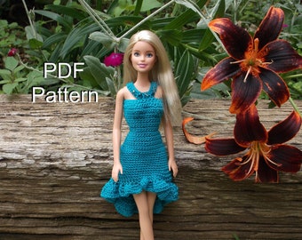 PDF Pattern for Crochet fashion doll dress with modern asymmetrical skirt and beaded collar