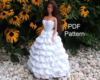Crochet Fashion Doll Dress Pattern Ruffled Wedding Gown or Princess Gown