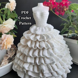 Patrón de vestido de muñeca de moda de crochet, vestido de novia con volantes o vestido de princesa