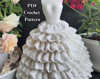 Vestido de boneca de crochê com padrão de babados para casamento ou vestido de princesa