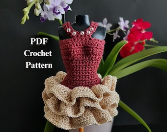 Roupas de boneca da moda, padrão de crochê, mini vestido com babados em PDF