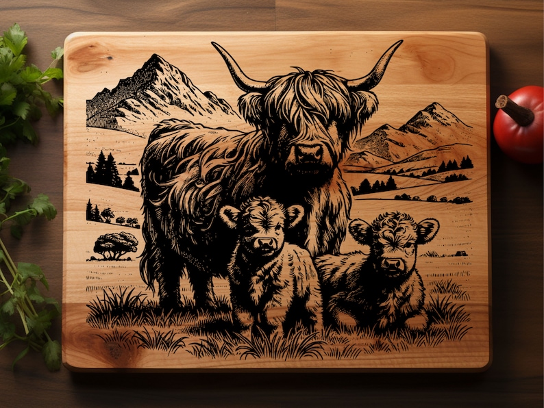 May include: A wooden cutting board with a black and white engraved design of a Highland cow with two calves. The design features a mountain landscape in the background.