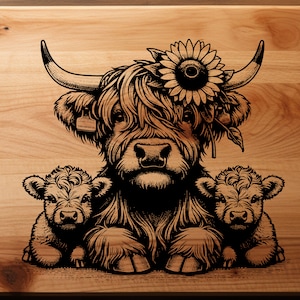 Highland vache SVG maman et bébés et tournesols SVG | fichier de gravure laser | Forgelumineuse | XTool Fête des Mères