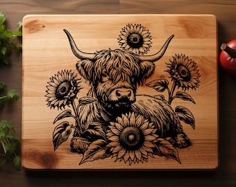 Highland cow SVG | sunflower Svg |  laser engrave file | glowforge | XTool homeware