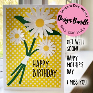 Cartão de felicitações Daisy ARQUIVOS DIGITAIS. Requer impressora e Cricut ou Silhouette. Use "Imprimir e Recortar" e aplique no cartão junto com as flores cortadas.