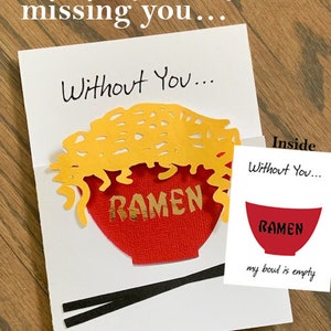 Leuke "Miss You"-wenskaart van 4,25 x 5,5 (A2). Ramen-noedels in kom - DIGITALE BESTANDEN. Printer en Cricut of Silhouette vereist.