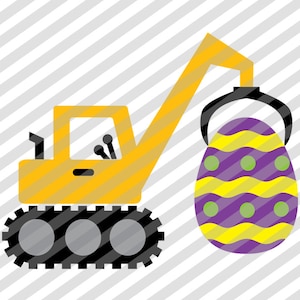 May include: A yellow construction vehicle with a claw arm holding a purple and yellow Easter egg.