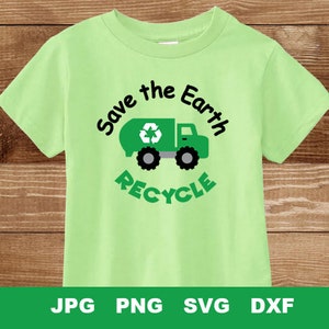 May include: A light green t-shirt with a green recycling truck and the text "Save the Earth Recycle" in black.