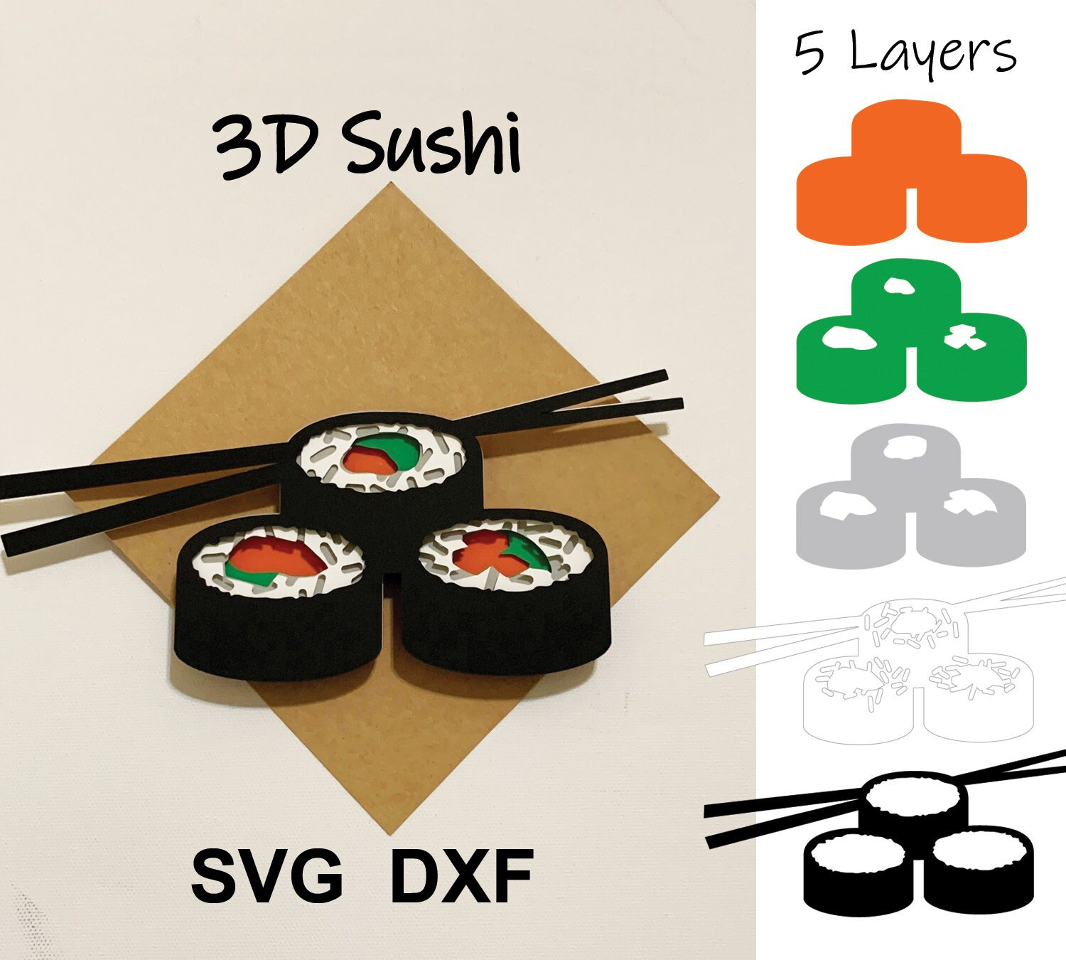 3D Sushi -  5 Layer Digital File for wall hanging or picture SVG, DXF. Cut files (for Cricut or Silhouette machines)