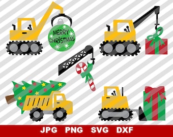 Op de afbeelding: Een set van zes kerstthema-constructievoertuigillustraties. De voertuigen zijn geel met zwarte wielen en vervoeren kerstversieringen, een snoepstok, een kerstboom en een cadeaudoos. De illustraties zijn perfect voor knutselprojecten, scrapbooking of het maken van feestelijke decoraties.