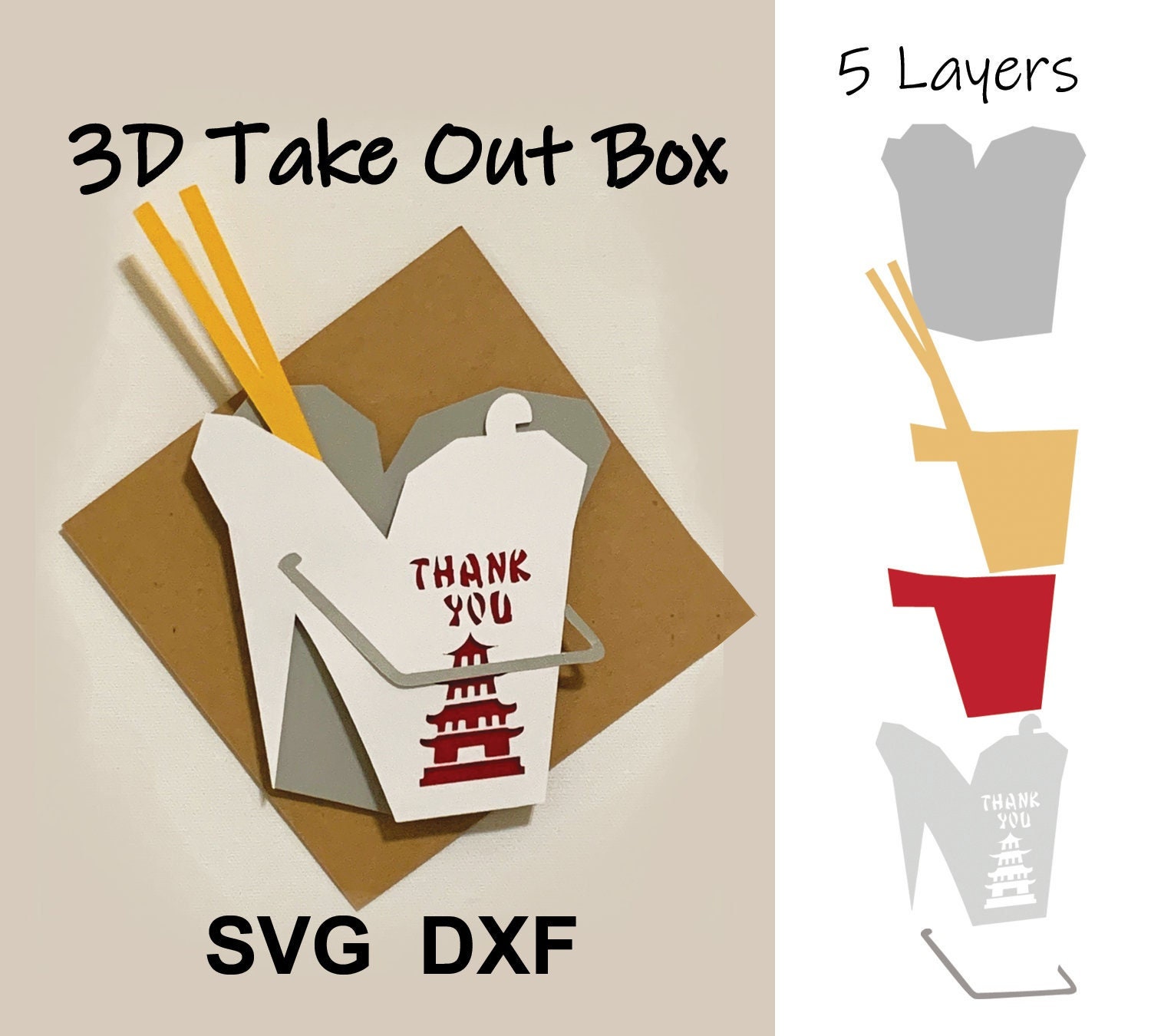3D Asian Take Out Box -  5 Layer Digital File for wall hanging or picture SVG, DXF. Cut files (for Cricut or Silhouette machines)