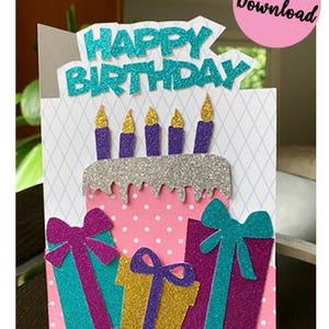Créez une carte d'anniversaire éblouissante ! -SVG, DXF téléchargement numérique instantané. Utilisez des paillettes et du papier à motifs pour créer une carte amusante et spéciale.