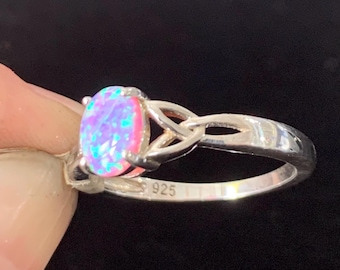 Sterling Silver Ring with Pink Lab Opal & Trinity Knot Detail in sizes 3-14