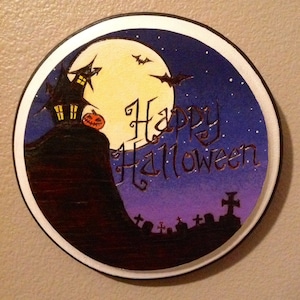 Happy Halloween Wall Art - Woodburned & Acrylic Painted
