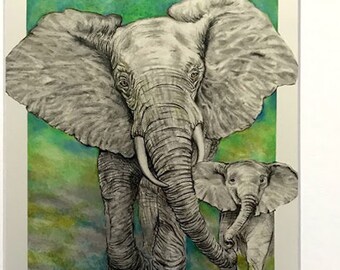 8x10 w/ Mat (Overall Size 11x14) Feng Shui “Elephant with Baby” by Debbie Lim  *FREE SHIPPING on ALL Prints!*