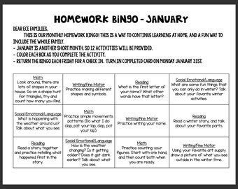 Early Childhood Homework Bingo