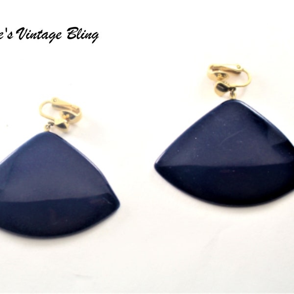 Vintage Crown Trifari Clip-On Earrings in Dark Blue Acrylic and Gold Tone - Elegant Statement Jewelry Gift For Her CB 100392