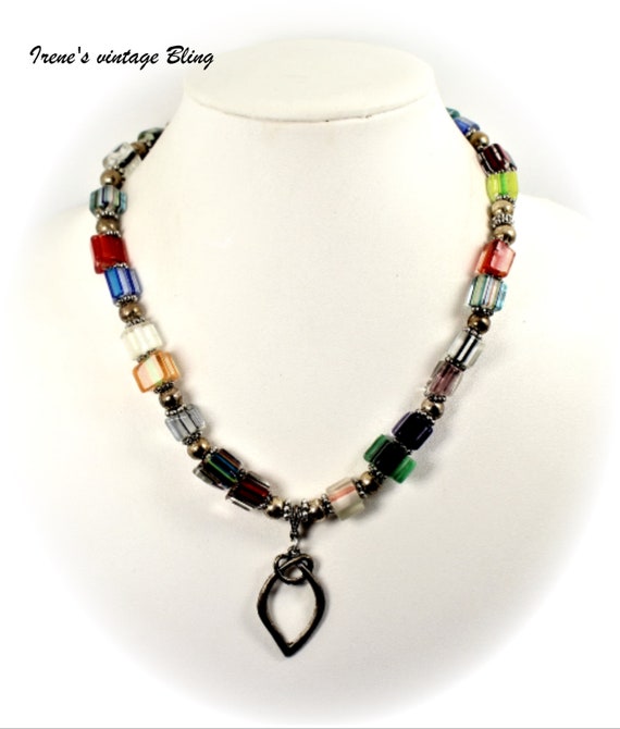 Vintage Necklace Art Glass bead necklace Rainbow … - image 1