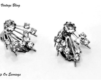 Vintage Clip On Earrings  Australia Rhinestone Silver Tone Clip On Earrings Item Cb 100392A