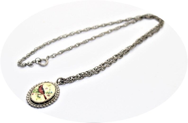 Pendant Enameled Red Bird Pendant Silver Tone Necklace Item CB 100132A