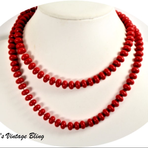 Statement Necklace Vintage Long 34" Orange Red Color  Acrylic Beaded Necklace Item CB 100522A