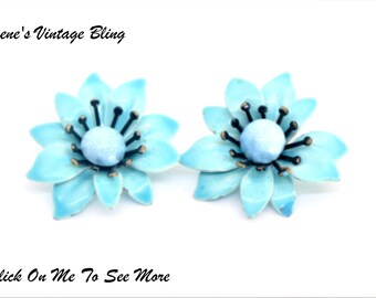 Vintage Earrings Blue Enameled Flower Silver Tone Clip On Earrings 1 1/4 Item CB 100111A