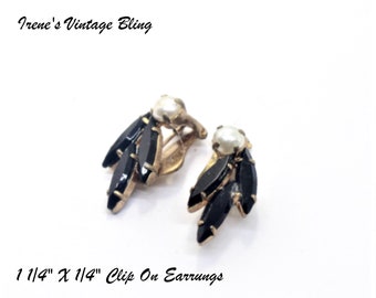 Vintage Jewelry Sparkling Black Rhinestone and Faux Pearl Clip On Earrings - Classic Style with a Modern Twist Item CB 100235A