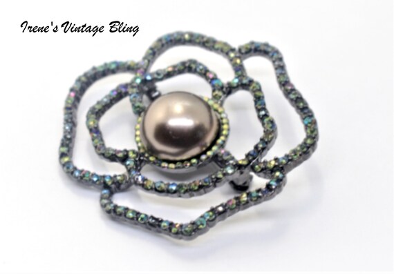 Vintage Jewelry  Gunmetal AB Crystal Faux Pearl F… - image 1