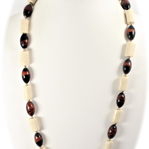 Statement Necklace Single Strand Cream Tubular Brown Marbled Lucite Beaded Necklace Long Necklace Gift For Her Item CB 100205A