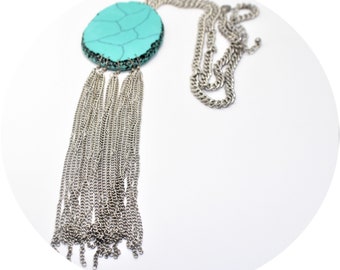 Vintage Statement  Necklace Silver Tone Faux Turquois  Tassel Necklace - Vintage Necklace Item CB 100452