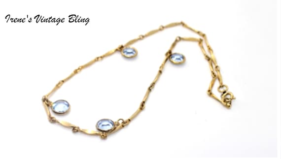 Vintage Necklace Bezel Light Blue Glass Bead Gold… - image 1