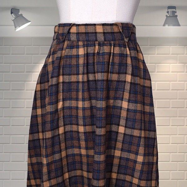 Vintage Check Plaid Flared Skirt - Cute Waist Tabs - UK 8 - Librarian