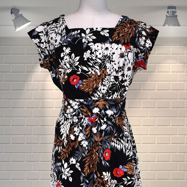 FABULOUS Bold Abstract Floral Print Vintage 1980s Tie Waist Shift Dress - UK 14