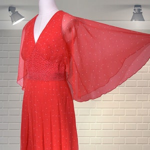 DIVINE Vintage HUGE Cape Angel Sleeve Hostess Maxi Disco Dress 1970s - UK 8