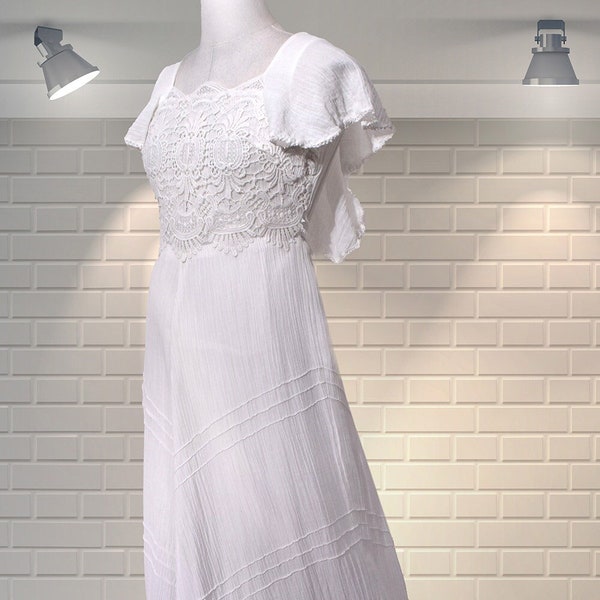 BEAUTIFUL Original Vintage 1970s Cotton Cheesecloth A Line Full Skirt Maxi Dress - Wedding - Fairycore - Cottagecore - Romantic