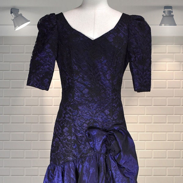 AMAZING Vintage Lace Overlay 1980s Party Dress Staggered Hem - UK 8