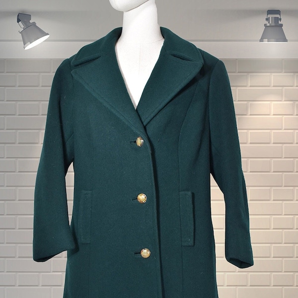 Vintage 1960s Spread Collar Bottle Green Coat Overcoat - Size 16/18 - Mod Queens Gambit Ska Soul