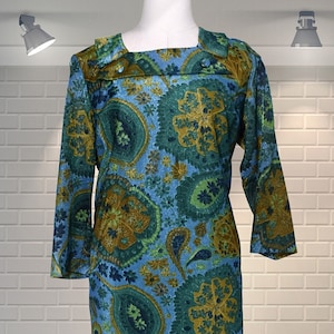 Fantastico abito vintage anni &#39;60 in rayon scintillante con motivo paisley psichedelico - UK 12