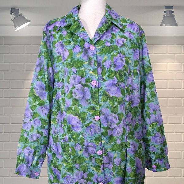Beautiful DINKUM Floral Vintage BRI NYLON Overall Housecoat Coverall Dinnerlady Cleaner X.L. 44" Chest