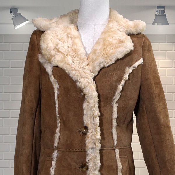 Vintage Suede & Plush Shearling Spread Fur Collar Penny Lane Coat - UK 8/10