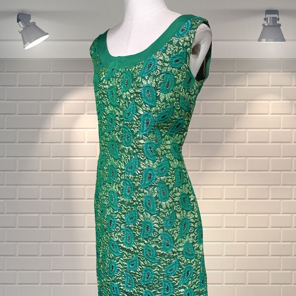 INCREDIBLE Vintage 1960s Party Maxi Kleid Lurex Pfau Paisley Muster Muster - California - UK 12