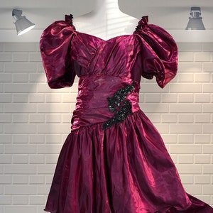 WOW Original Vintage 1980s MAGENTA Pink Lame 1980s Ra Ra Party Dress UK 12/14