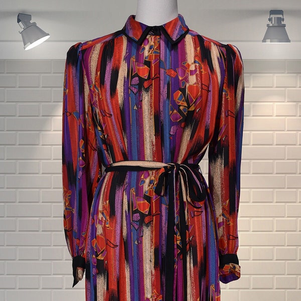 WONDERFUL Vintage 1980s Bright Bold Abstract Maxi Belted Shirt Dress - Jersey Masters - UK 12