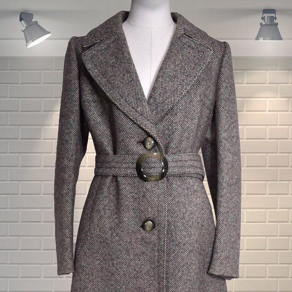 GORGEOUS Vintage 1980s Tweed Belted Fit & Flare Tailored Coat - Size Small to Medium UK 10/12