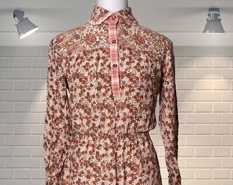 Vintage 1970s Flouncy Floral & Check Shirt Waist Prairie Style Dress - UK 10