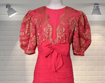 Vintage 1980s Pink & Gold Ruched Bodice Disco Party Dress - UK 10