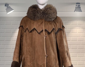 GORGEOUS Vintage Suede & Plush Fur Collar Chevron Patchwork Coat - UK 16